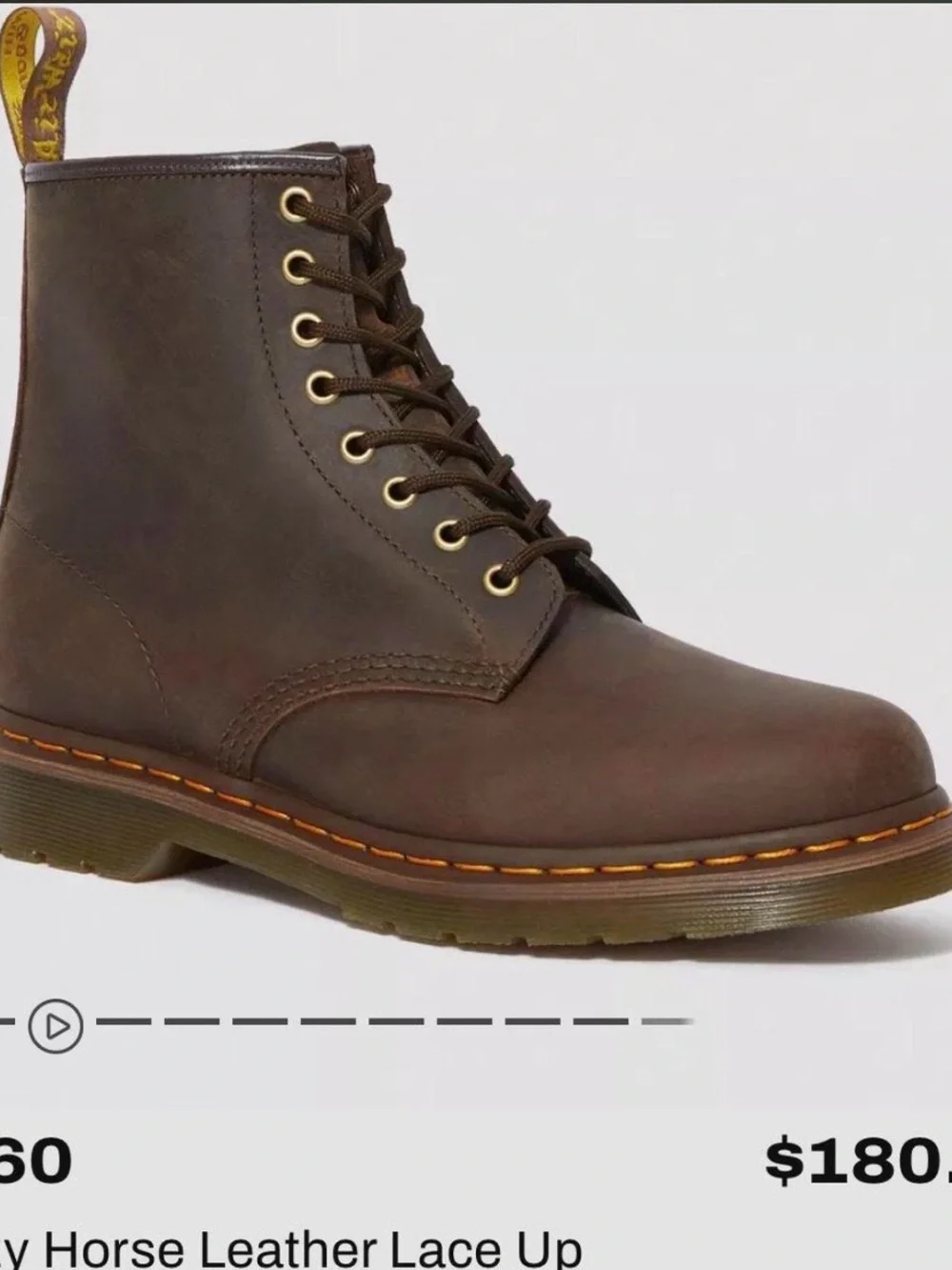 Dr. Martens 1460 Crazy Horse leather brown boots with yellow laces